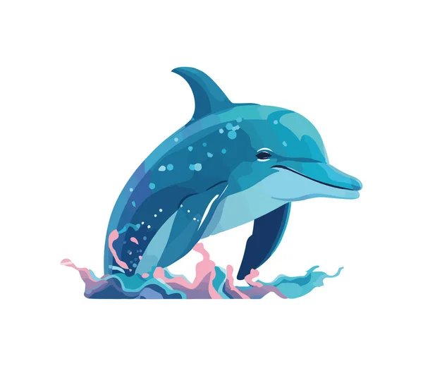 stock vector Cute dolphin swims in blue aquatic water icon isolated