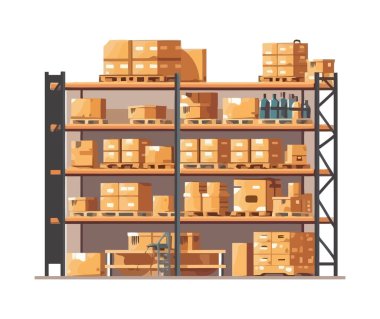 Depo raf vektör simgesine istiflenmiş karton kutular izole edildi