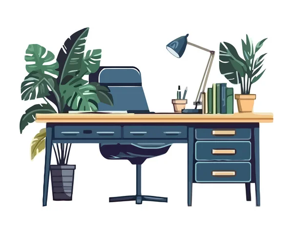 stock vector Modern office design with desk, chair and plant icon isolated