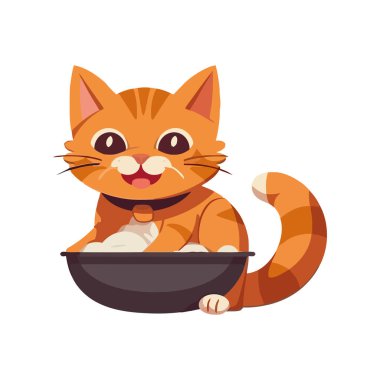 Neşeli kedi yavrusu süt kasesi ikonuyla yalnız başına oturuyor.