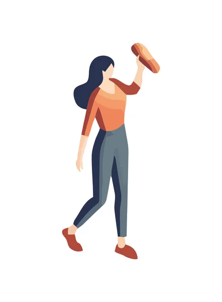 女人拿着一个孤立的面包图标 — 图库矢量图片