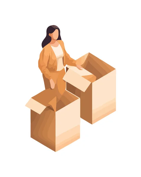 Vrouw Verpakking Doos Symboliseert Verzenddienst Pictogram Geïsoleerd — Stockvector
