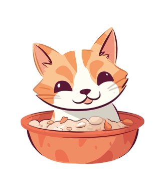 İzole edilmiş bir kase ikonunda gülümseyen sevimli kedi yavrusu.