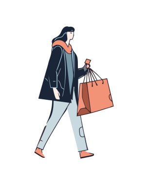 Alışveriş çantası ikonu taşıyan yürüyen bir kadın izole edilmiş.