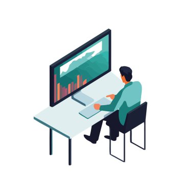 Çalışma masasında bilgisayar simgesiyle çalışan İşadamı