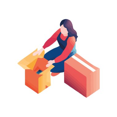 Mutluluk simgesi izole edilmiş kutular paketleyen kadın