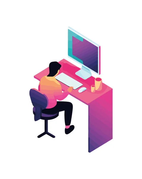 Geschäftsleute Sitzen Isoliert Schreibtisch Mit Computer Icon — Stockvektor