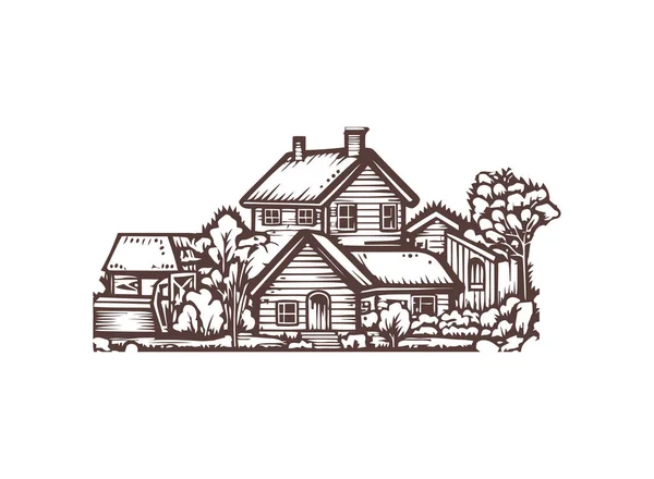 Cottage Immerso Nella Natura Circondato Alberi Icona Isolata — Vettoriale Stock