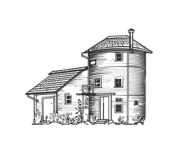 村舍设计素描黑色油墨图标隔离 — 图库矢量图片