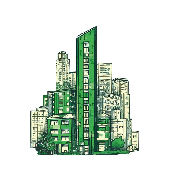 Skyline Cidade Moderna Arranha Céus Ícone Natureza Verde Isolado — Vetor de Stock