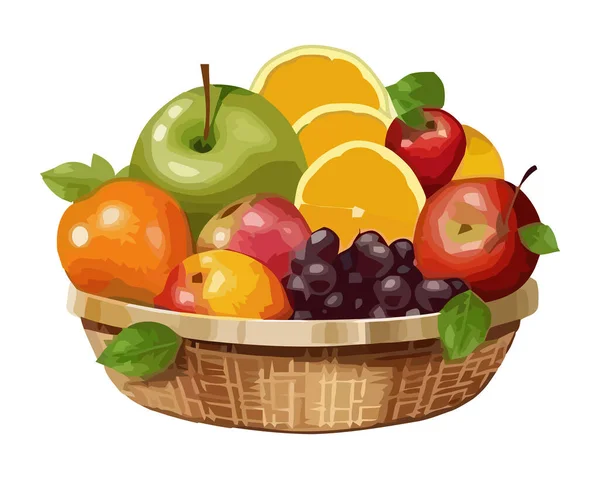 Panier Fruits Frais Plein Baies Mûres Juteuses Icône Isolé — Image vectorielle