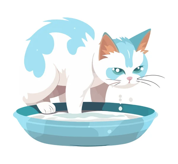 Cute Kitten Playing Bowl Icon Isolated — Stock Vector