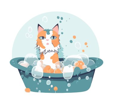 Küvette baloncuk ikonu olan sevimli bir kedi yavrusu.