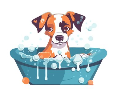 Mavi küvette oturan sevimli köpek yavrusu, izole edilmiş gülümseyen ikon.