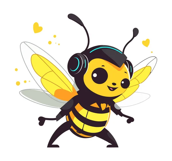 Cute Honey Bee Mascot Headphones Icon Isolated — Stock Vector