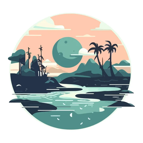 Seascape Sonnenuntergang Trpical Palmen Symbol Isoliert — Stockvektor