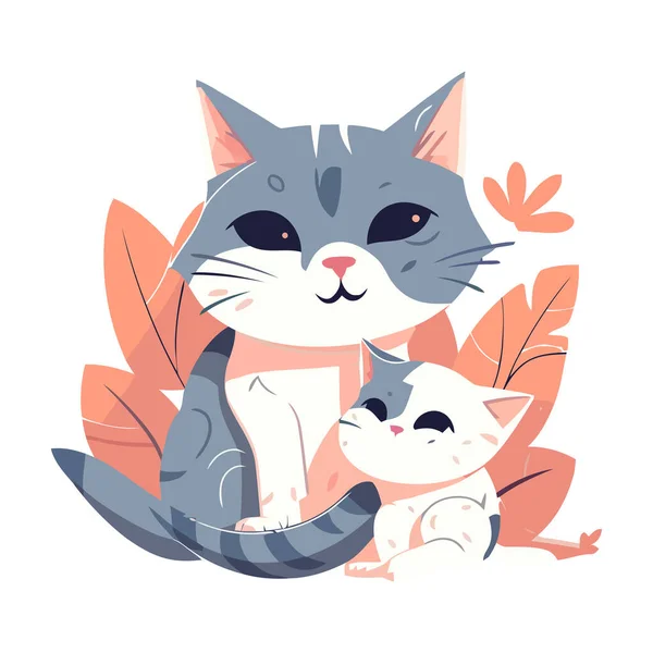 Cute Kittens Playing Leaves Icon Isolated — Stock Vector