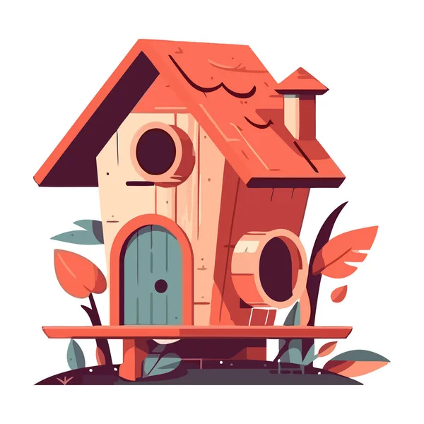 森のアイコンの木の上のかわいい鳥の家は孤立 — ストックベクタ