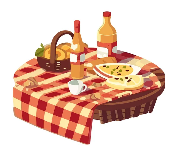 Piknik Kosár Tele Élelmiszer Bor Ikon Izolált — Stock Vector