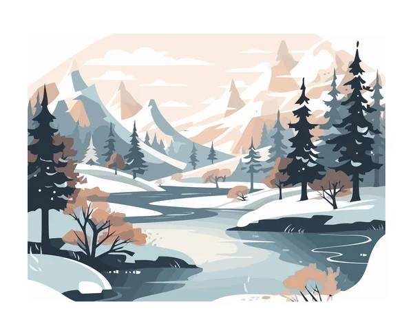 Χειμερινό Τοπίο Χιονισμένα Δέντρα Και Βουνά Απομονωμένα — Διανυσματικό Αρχείο