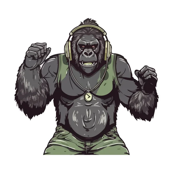 Muskulöses Gorilla Maskottchen Mit Kopfhörer Symbol Isoliert — Stockvektor