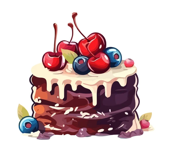 带有巧克力奶油图标的甜水果蛋糕 — 图库矢量图片