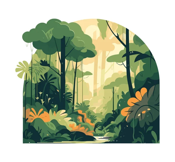 Green forest landscape with trees and leaves icon isolated