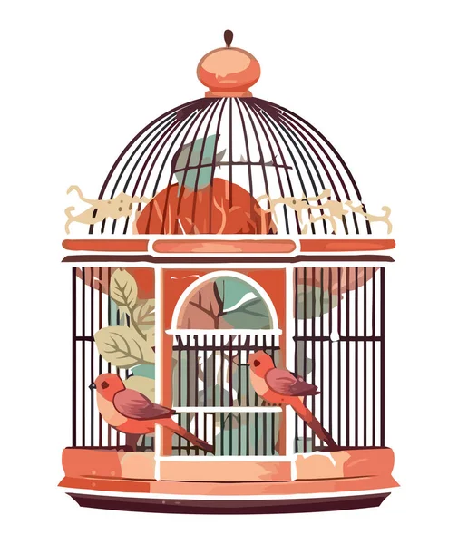 Cute Finch Perching Ornate Birdcage Decoration Icon Isolated — Stock Vector