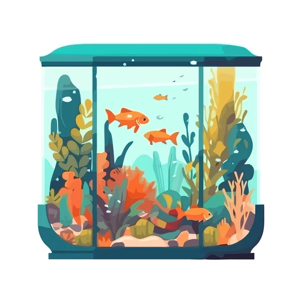 Cute Fishes Swimming Aquarium Landscape Icon Isolated — Stock Vector