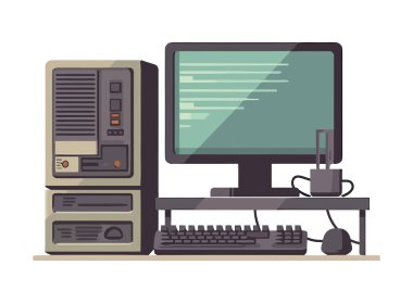 Donanım simgesine sahip modern bilgisayar masası izole edildi