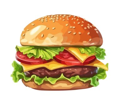 Çedar peynirli ızgara sığır burger ve domates ikonu izole edilmiş.