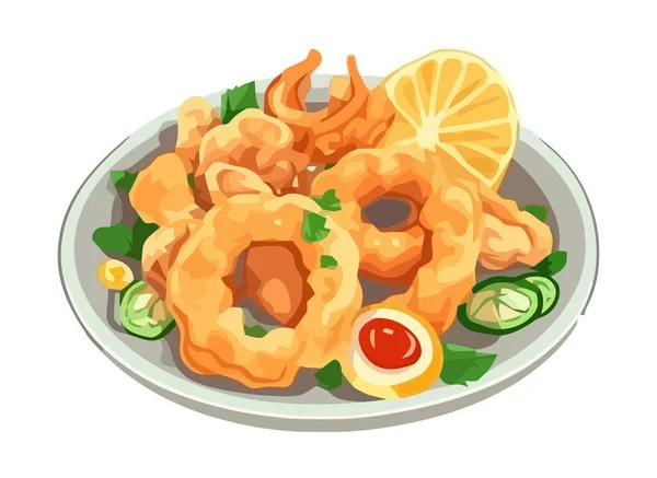 Seafood Plate Segar Dengan Udang Dan Ikon Salad Terisolasi - Stok Vektor