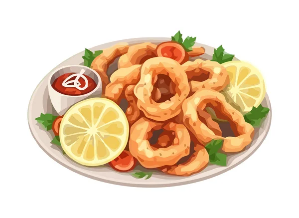 新鲜海鲜餐与柠檬和欧芹图标分离 — 图库矢量图片