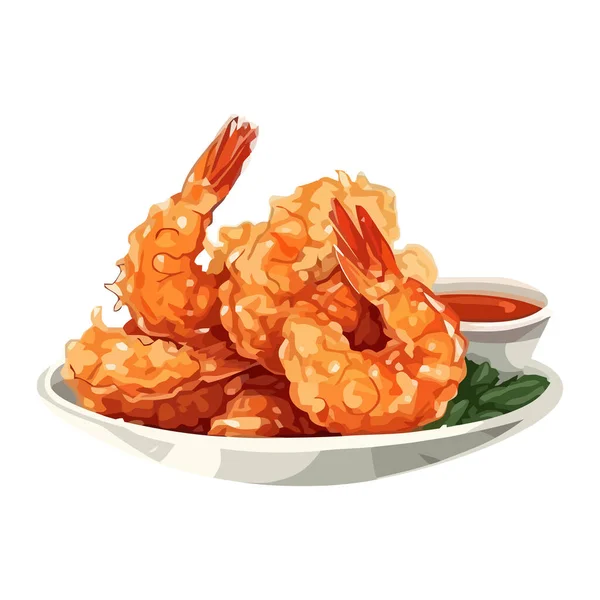 Fried Prawn Appetizer Gourmet Seafood Plate Icon Isolated — Stock Vector