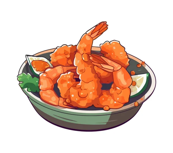 新鲜海鲜开胃菜与烤虾图标隔离 — 图库矢量图片