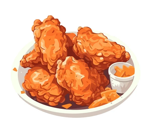 Poulet Frais Frit Avec Sauce Dans Bol Icône Isolé — Image vectorielle