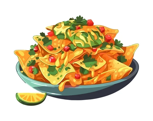 Une Assiette Nachos Gastronomiques Avec Icône Coriandre Fraîche Isolée — Image vectorielle