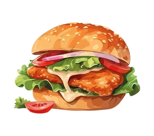 Cheeseburger Grillé Avec Des Légumes Frais Icône Isolé — Image vectorielle