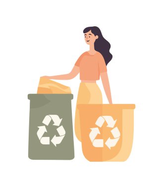 Geri dönüşüm torbaları tutan kadın, bakım ikonu sembolü izole