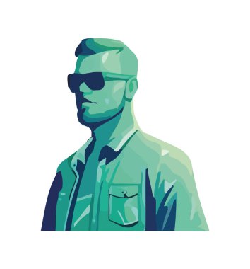 Yeşil ceketli ve güneş gözlüğü ikonlu modern adam izole edilmiş.