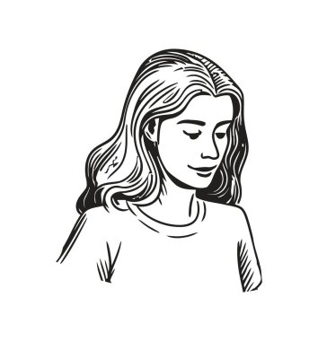 Siyah beyaz çizim ikonu içinde gülümseyen kadın izole edilmiş.