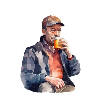 Bir adam oturuyor, elinde kahve bardağı simgesi var.