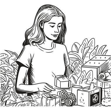 Gülümseyen kız, çiçek ikonu ile çevrili, izole