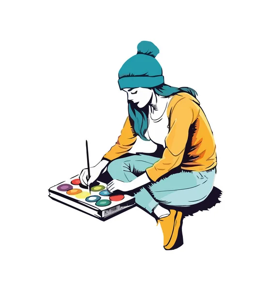 Ένα Άτομο Κάθεται Και Ζωγραφική Στο Εικονίδιο Του Σχεδιασμού Απομονωμένο — Διανυσματικό Αρχείο