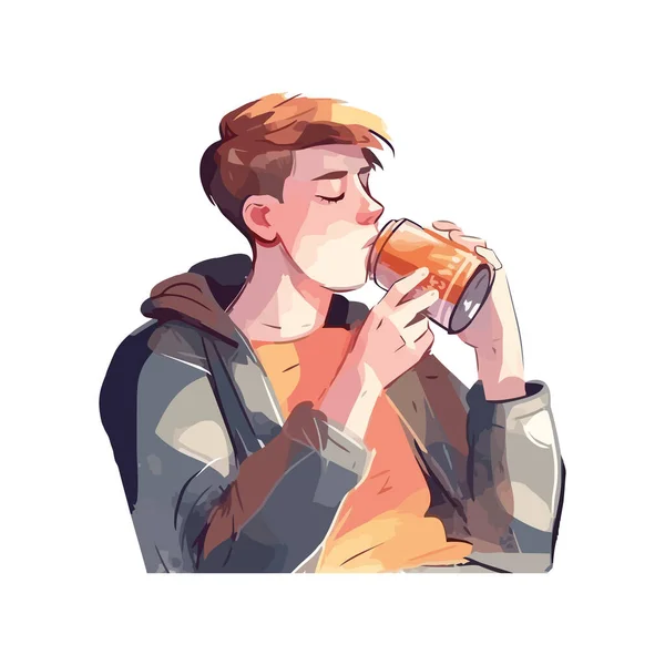 Ein Junger Erwachsener Mann Trinkt Erfrischenden Kaffee — Stockvektor