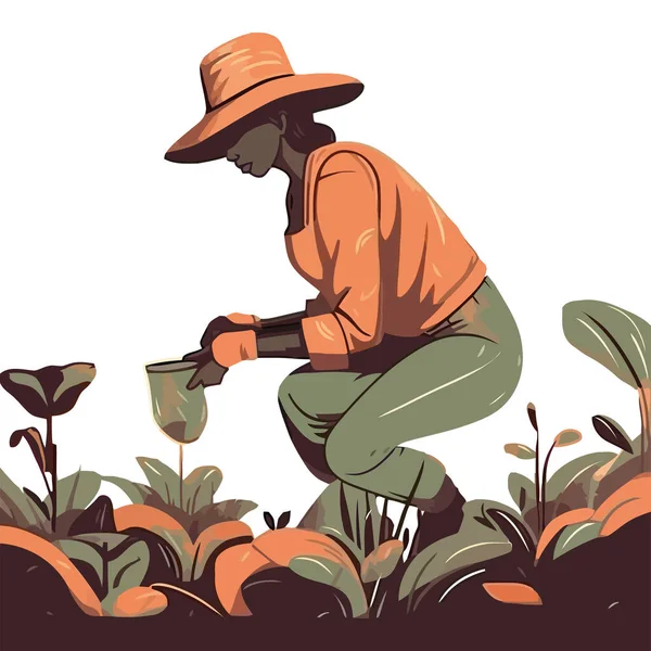 Femme Récolte Des Légumes Dans Une Scène Rurale Design — Image vectorielle
