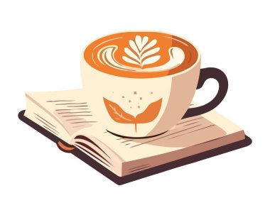 İzole edilmiş bir kitap simgesinde kapuçino kupası