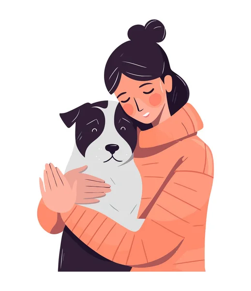 Affettuosa Donna Abbracciando Cute Icona Cucciolo Isolato — Vettoriale Stock