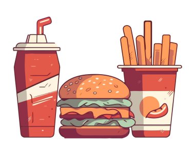 Izgara sığır burger ve patates kızartması, taze kola ikonu izole edilmiş.