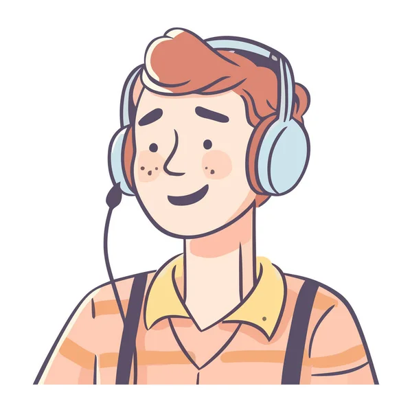 Glimlachende Jongen Luisteren Naar Muziek Met Koptelefoon Pictogram Geïsoleerd — Stockvector
